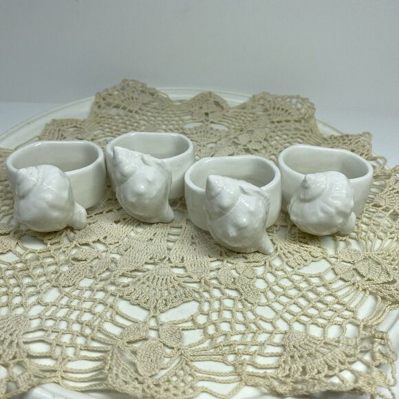 Vintage White Seashell Napkin Rings Set of 4 White Nautical Ocean Conch Shells - Picture 2 of 11